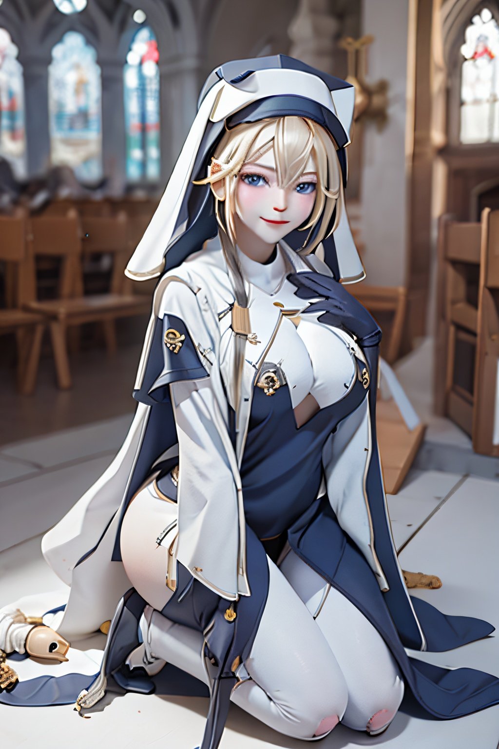 1 girl, Nun hat, long bread blond hair, blue eyes, smile, white ligerie, black armor gloves, white panty, church room, outside, white armor boot, lie down on table, 8k, high res, , 2 hands, bare leg, bare, nun garb, chest, big chest, big breast, ,High detailed ,phRem,phyami