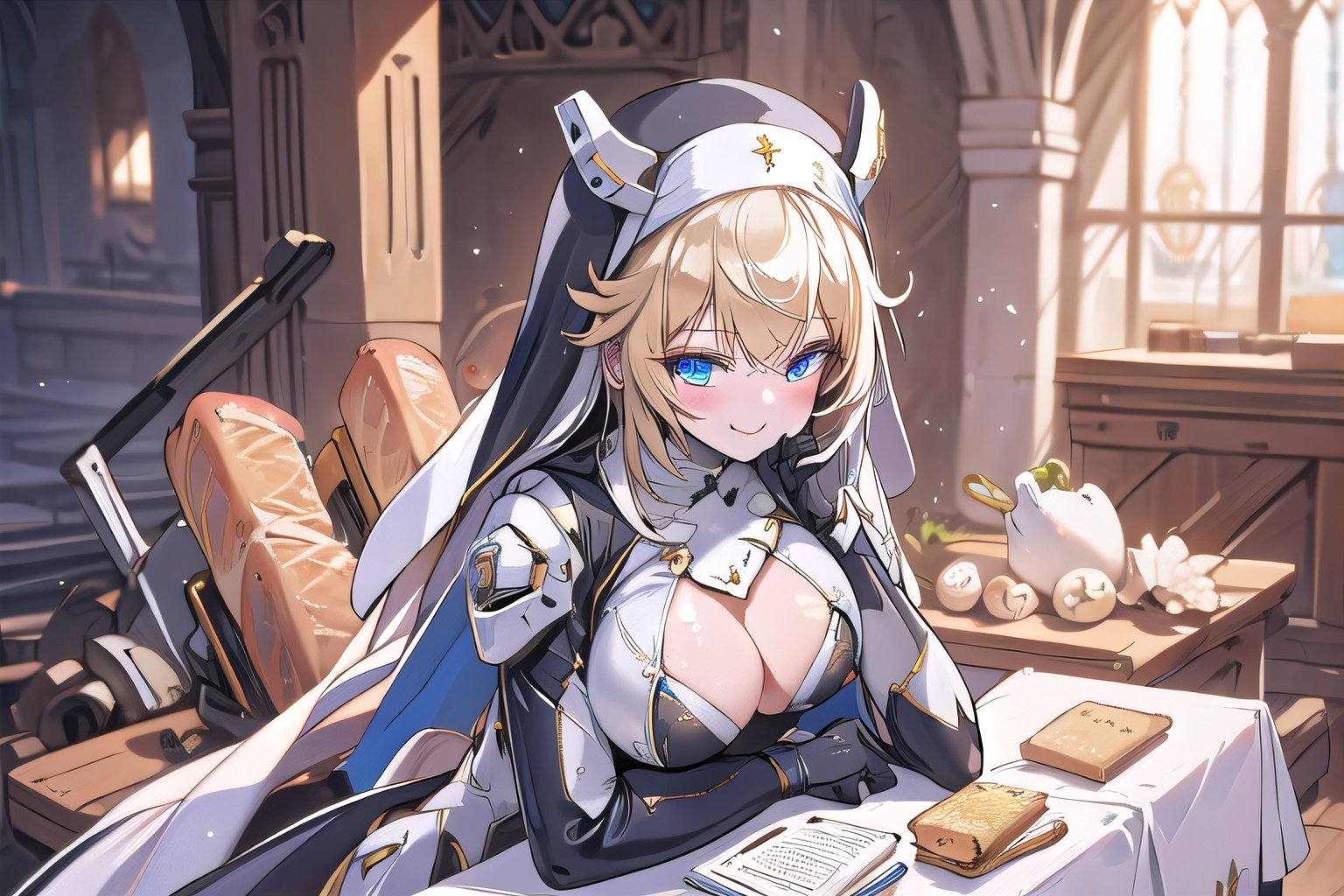 1 girl, Nun hat, long bread blond hair, blue eyes, smile, white ligerie, black armor gloves, white panty, church room, outside, white armor boot, lie down on table, 8k, high res, , 2 hands, bare leg, bare, nun garb, chest, big chest, big breast, 