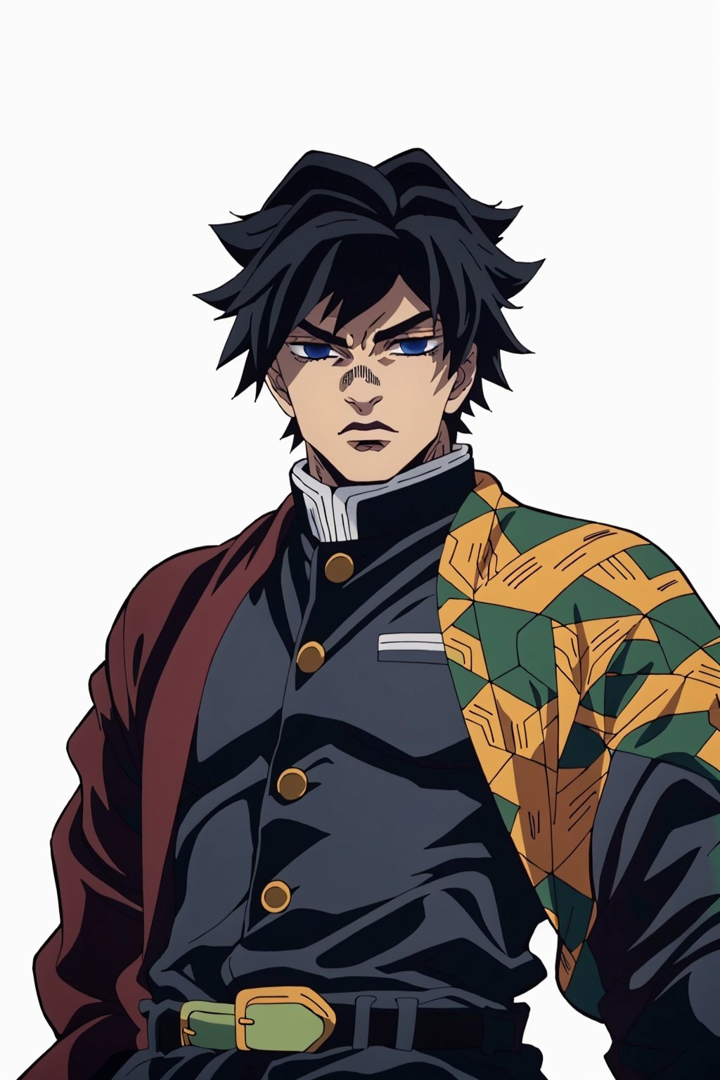 masterpiece,best quality,upper body,<lora:Giyu_Tomioka:1>,tomioka giyuu,demon slayer,black hair,blue eyes,demon slayer uniform,1boy,male focus,<lora:JOJO1-000006:0.5>,