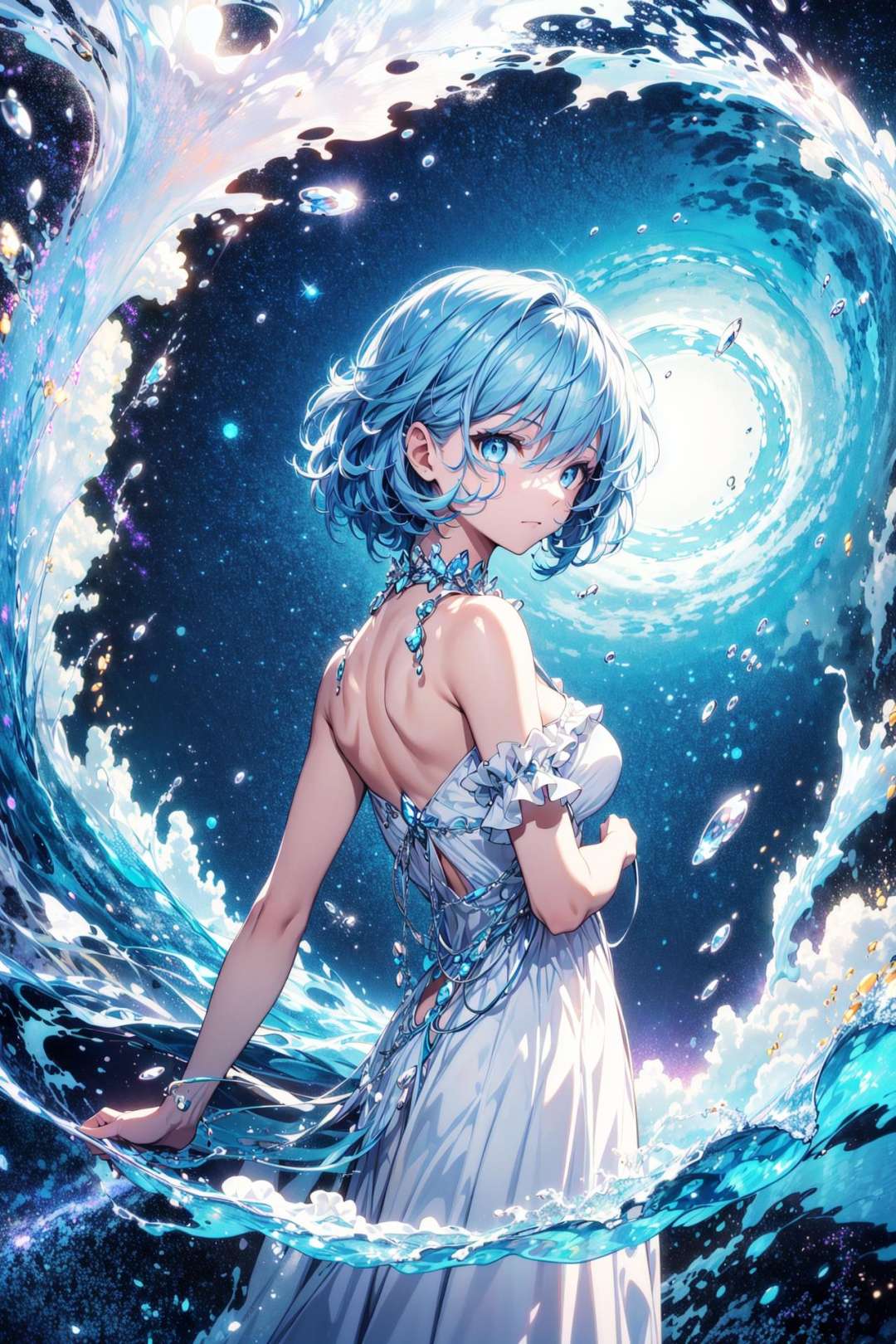 absurdres, highres, (official art, beautiful and aesthetic:1.2), (close view:1.15), (1girl, blue hair, middle hair, blue eyes, shining eyes, white long dress, Blue Frill,:1.2), blue sky, Sparkling Galaxy, (Salar de Uyuni:1.2), (fractal art:0.8), water effects, ripple effects, (flower effects:0.65), light effects, 