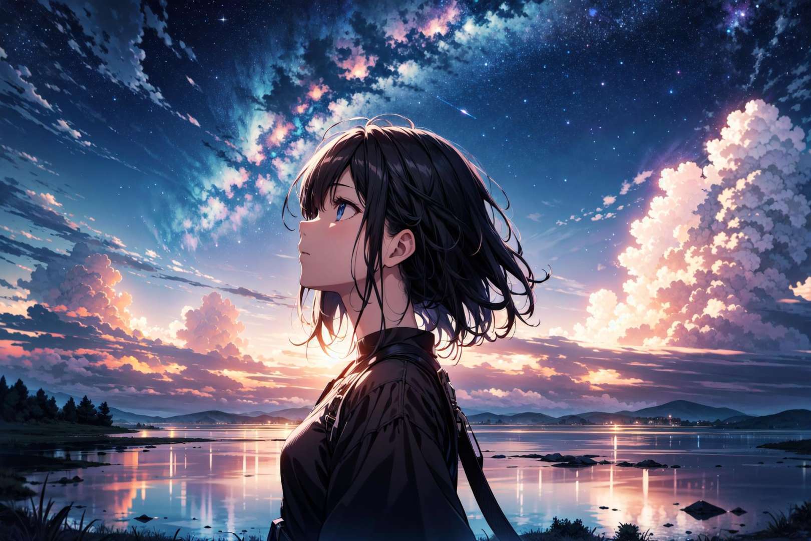absurdres, highres, (official art, beautiful and aesthetic:1.2), close view,1girl, shining sky, vast world, gazing, awe-inspiring expression, distant horizon, clouds, high hill, natural beauty, inspiration, night sky, Shining Stars,
