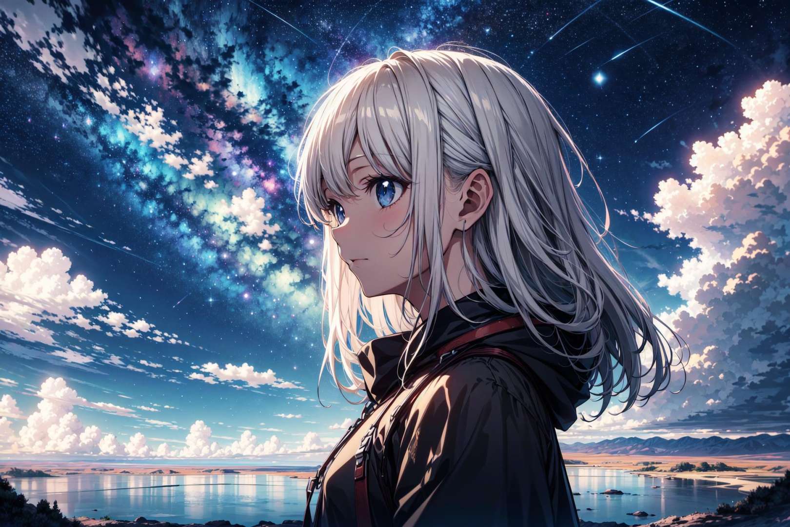 absurdres, highres, (official art, beautiful and aesthetic:1.2), close view,1girl, shining sky, vast world, gazing, awe-inspiring expression, distant horizon, clouds, high hill, natural beauty, inspiration, night sky, Shining Stars,