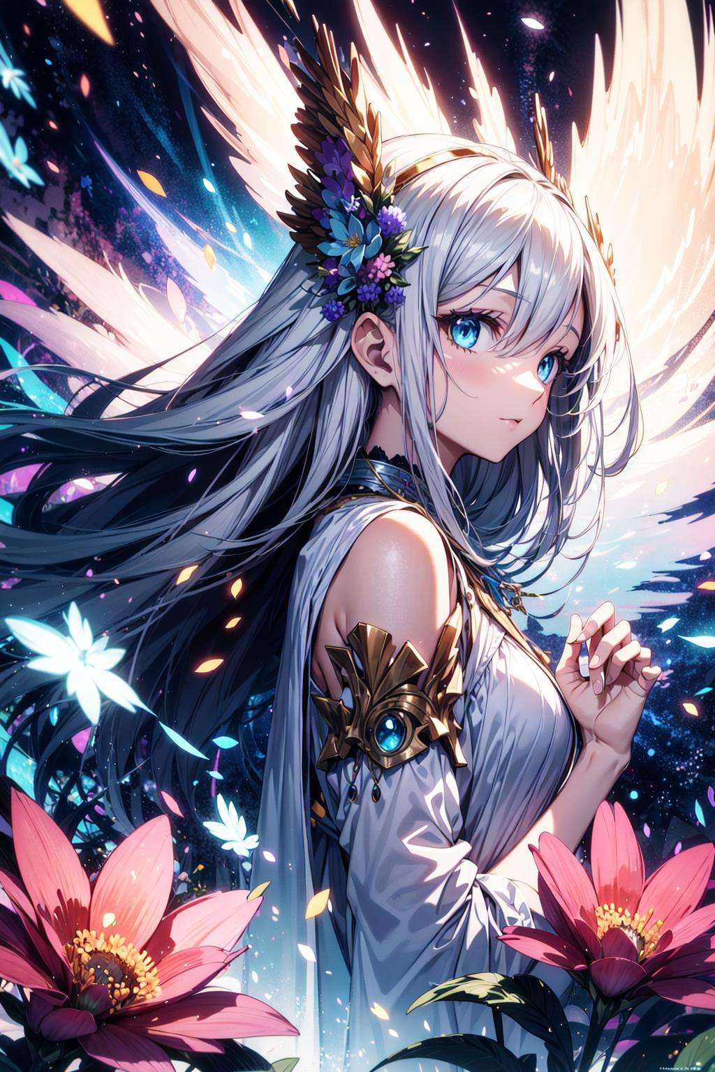 absurdres, highres, (official art, beautiful and aesthetic:1.2), side view,1girl, ☺, wave hair, long hair, (shining eyes:1.2), big eyes, blue eyes,white dress, (fractal art, (kaleidoscope:0.9), colorfield painting, (flower effects:1):1),(shine effects, seraph effects, lighting effects:1.1),