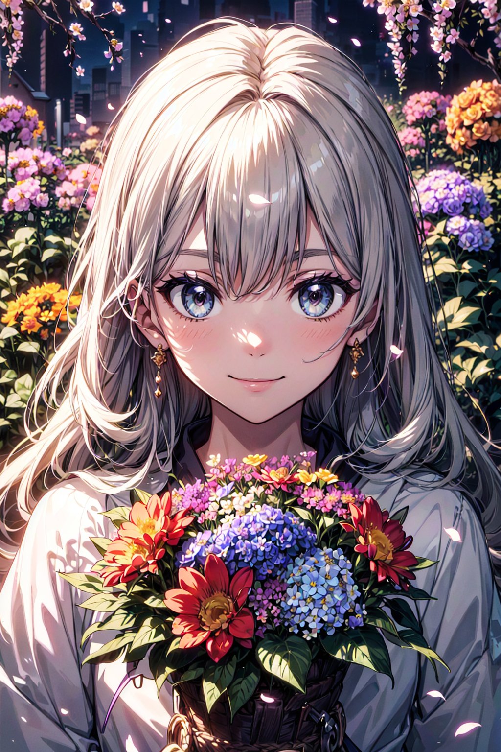 absurdres, highres, (official art, beautiful and aesthetic:1.2), (close view:1.2), Front composition, 1girl, (long hair:1.2), gray hair, wavy hair, smile, (all over the flower garden:1.6), (Flower Effects:1.2), (Floral Background:1.2), (Background filled with flowers:1.4), (Flashy background:1.1), 