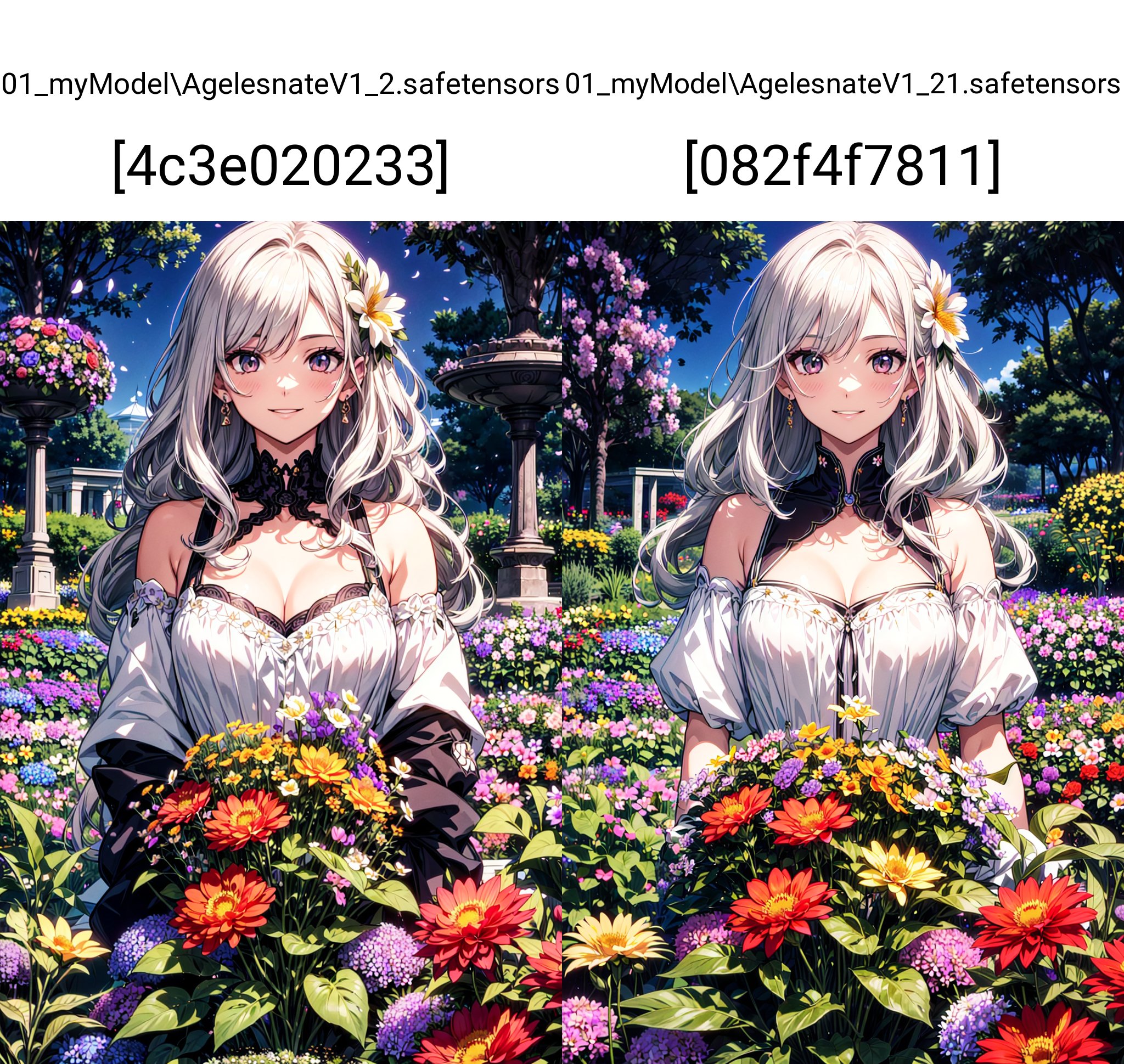 absurdres, highres, (official art, beautiful and aesthetic:1.2), (close view:1.2), Front composition, 1girl, (long hair:1.2), gray hair, wavy hair, smile, (all over the flower garden:1.6), (Flower Effects:1.2), (Floral Background:1.2), (Background filled with flowers:1.4), (Flashy background:1.1), 