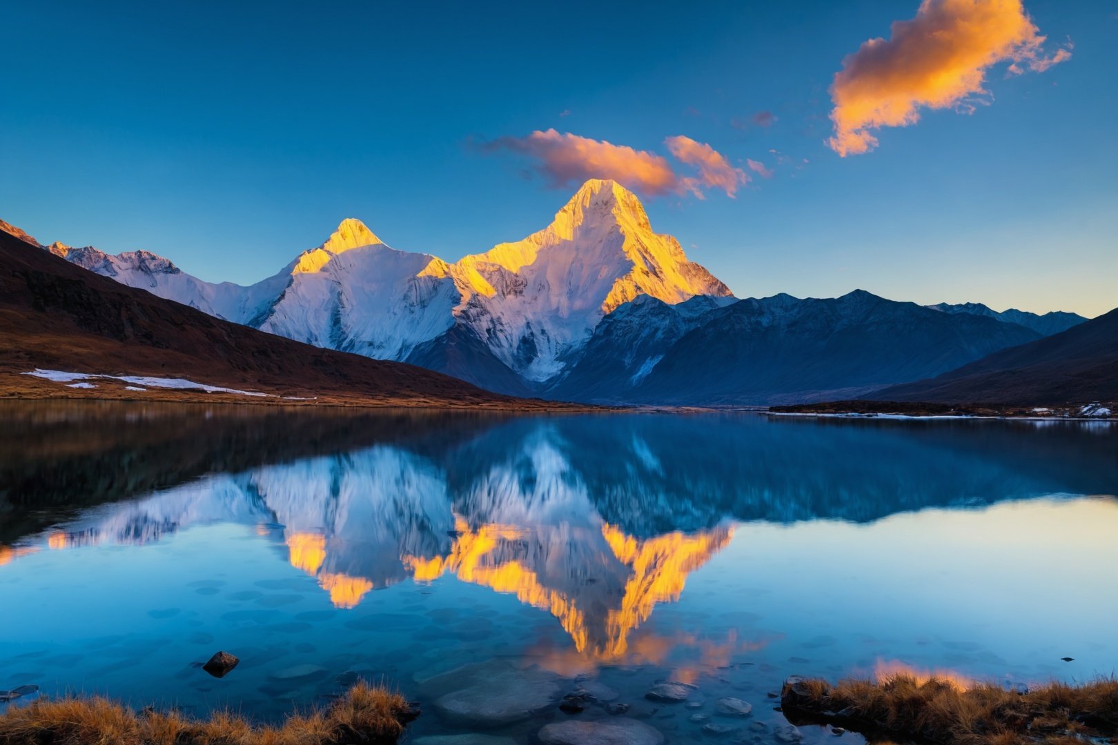 Snow Mountain_RZJS,scenery,no humans,sky,outdoors,mountain,cloud,reflection,water,blue sky,lake,day,reflective water,landscape,sunset,mountainous horizon,<lora:sdxl_M:0.6>,