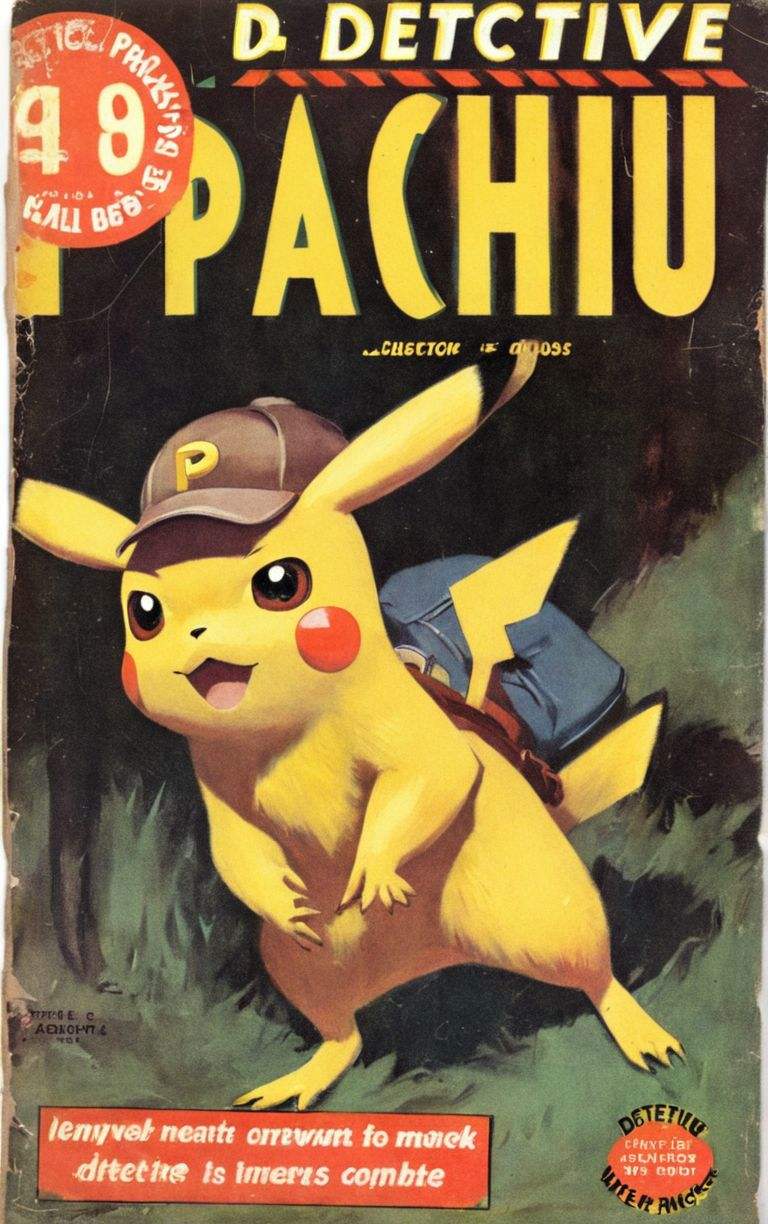 A pulp magazine cover featuring detective Pikachu  VintageMagStyle <lora:SDXL-VintageMagStyle-Lora:1>