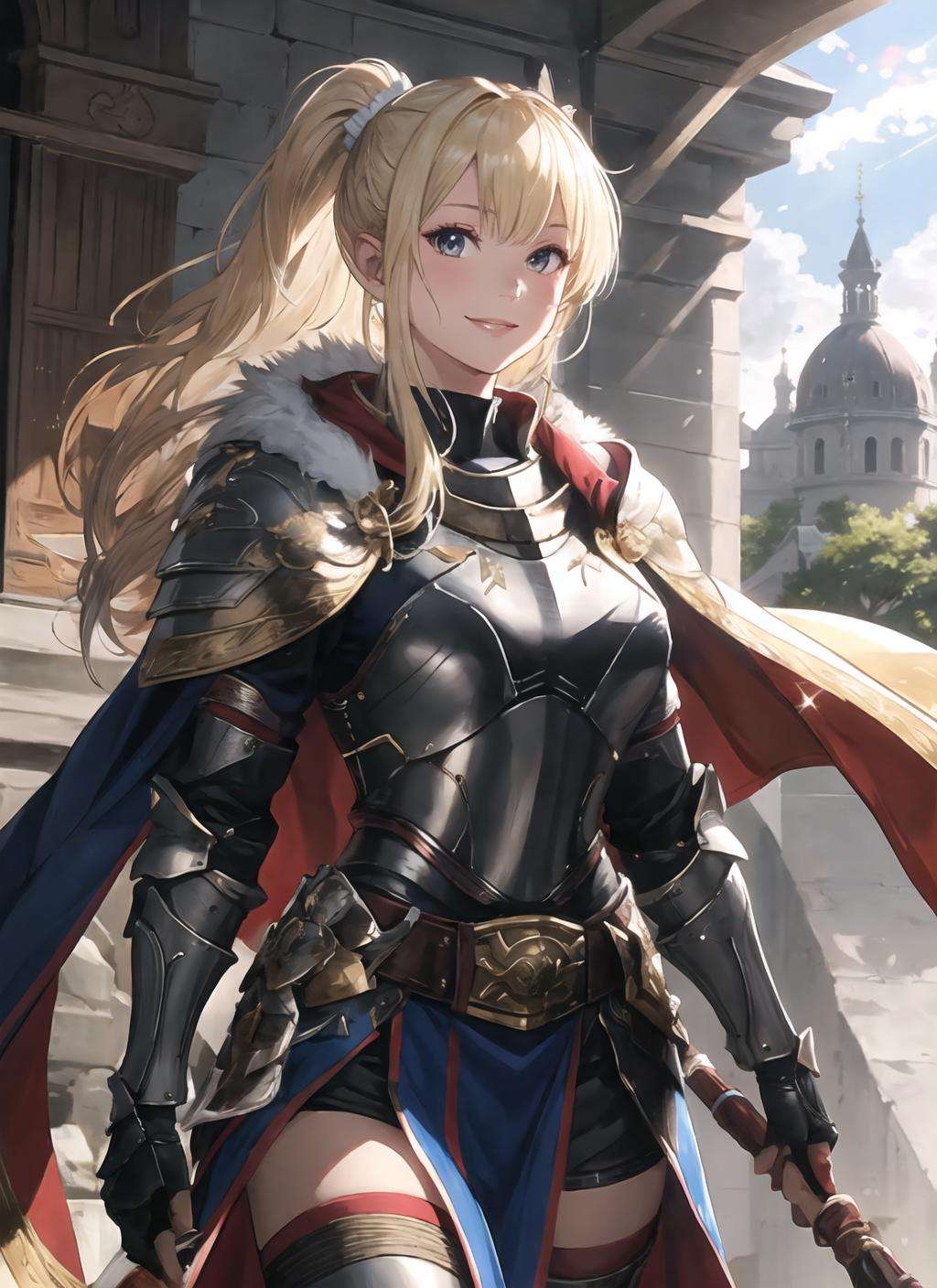 <lora:adventurer2.0-6:1>,fantasy ,palace, sunlight, 1girl, solo ,waist-up , walking, close-up ,armor, full armor, paladin, looking at viewer, bright, shiny, smile, wind, cape, blonde, long hair, fur trim, gauntlets, pauldrons, breastplate, belt