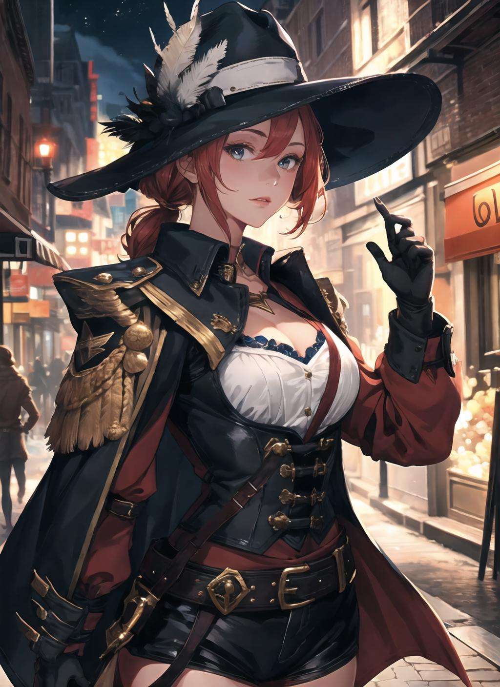 <lora:adventurer2.0-6:1>,fantasy ,medieval ,night, city street, sunlight, 1girl, solo ,waist-up ,close-up, hat, hat feather, jacket, (musketeer)