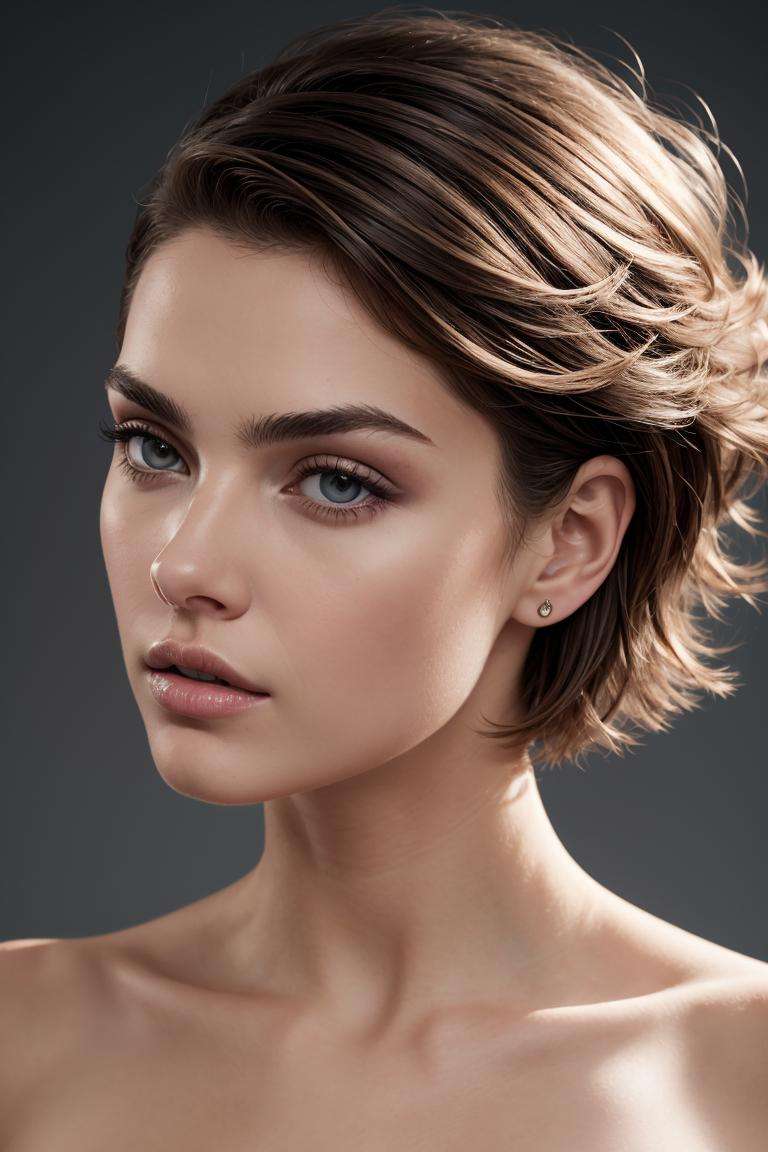 (close-up:1.0) photo of (CR-NataliaVodianova-frankyfrank2k:0.9) as (young:1.0) woman, (oiled skin:1.0), (tilted angle shot:1.0), (slick undercut hair:1.2), (8k uhd:1.0), (best quality:1.0), (masterpiece:1.0), (sharp focus:1.0), (basic grey backdrop:1.0),