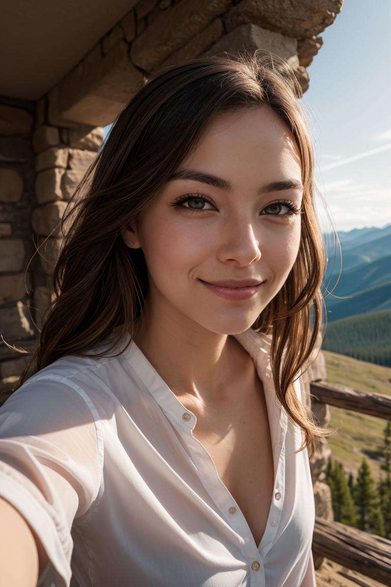 close portrait selfie of ErinSD15b looking directly into the camera and wearing a loose button_down blouse with cleavage on a windy day, outdoors at Rocky Mountain National park on a cliff overlooking a valley, lips parted and hair blowing in the wind, extremely detailed skin texture, 24mm, 4k textures, adobe lightroom, photolab, elegant, highly detailed, sharp focus, natural warm even lighting, soothing tones, insane details, intricate details, hyperdetailed, exposure blend, golden hour, mouth slightly open, shy half smile, eye contact, holding camera up