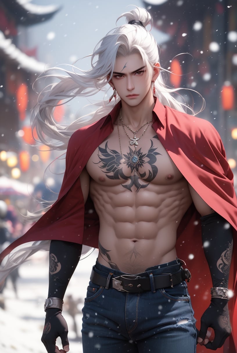 gufeng,1,jewelry,solo,male focus,1boy,tattoo,necklace,earrings,abs,topless male,navel,pants,denim,capelet,long hair,jeans,gloves,looking at viewer,realistic,blurry,hand in own hair,pectorals,scar,wind,bracelet,belt,ponytail,closed mouth,brown eyes,snowing,muscular,blurry background,<lora:CGgufeng2.0:1>,white hair,