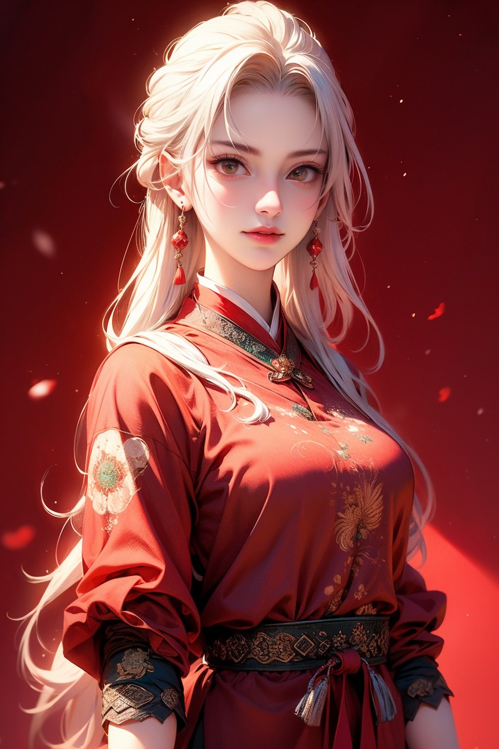 Best quality,masterpiece,(photorealistic:1.2),extremely detailed CG unity 8k wallpaper, cowboy shoot, 1girl,smile, exquisite Chinese clothing, earrings, (simple red background), studio lighting, perfect light and shadow,