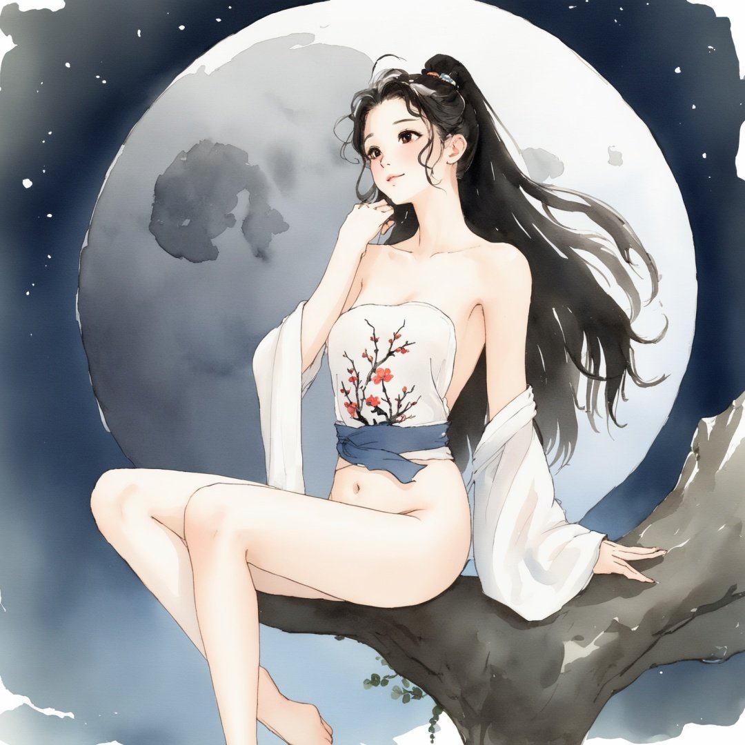 linewatercolor,qingqududou, 1girl, strapless,panties,underboob,bare shoulders,navel,moon, solo, long hair, black hair,  full moon, hair ornament,  flower, sitting, hair bun, hair flower,long sleeves, black background, see-through, night, sash, branch, single hair bun, sky, wide sleeves, water, cloud, hand on own chest, reflection, night sky, moonlight, collarbone, shawl,  <lora:qingqududousdxl:0.7> <lora:linewatercolorsdxl88-000001:1>