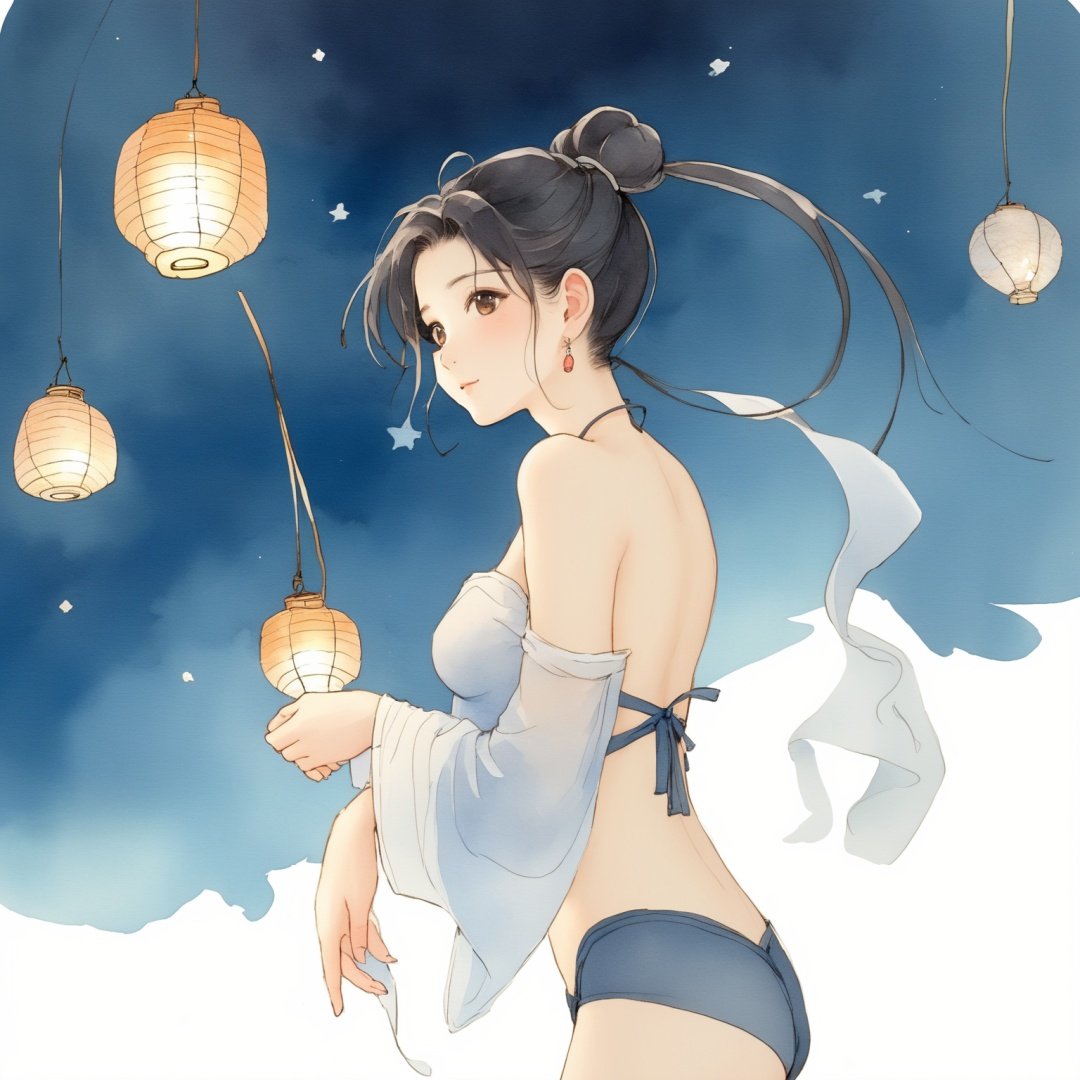 linewatercolor,qingqududou,moon, night, 1girl, strapless,panties,underboob,bare shoulders,navel,full moon, lantern, sky, solo, cloud, black hair, night sky, holding, holding lantern, long hair,star \(sky\), hagoromo, jewelry, long sleeves, see-through, earrings,hair bun, single hair bun, full body, starry sky, floating, paper lantern, hair ornament, closed mouth, standing, light particles, <lora:qingqududousdxl:0.7> <lora:linewatercolorsdxl88-000001:1>