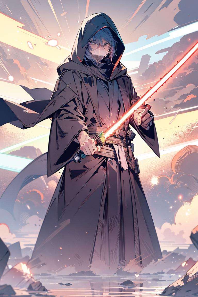 absurdres, highres, ultra detailed, black robe, black hood, BREAK, <lora:1024_Lion_LyCORIS_loha:0.90> light_saber, holding weapon, dynamic pose