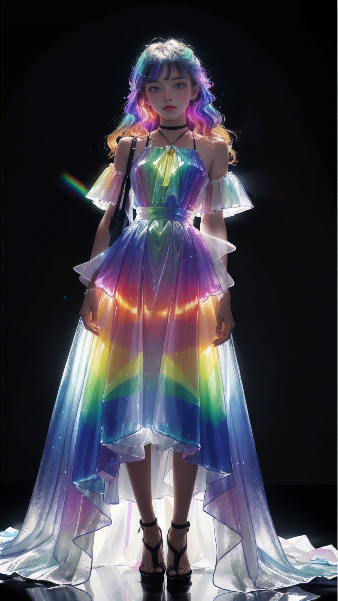 masterpiece, best quality,highres, 1girl, tall, long hair, perfect stature, white dress, fashion pose, bangs, chromatic dispersion,metallic_lustre, see_through, (tansparent_plastic:1.3), coloured glaze, Polychromatic prism effect, rainbowcore, iridescence/opalescence, glowing colors, aluminum foil, Glowing ambiance, (portrait:1.5), black background, full body, <lora:liuli2:0.7>, 