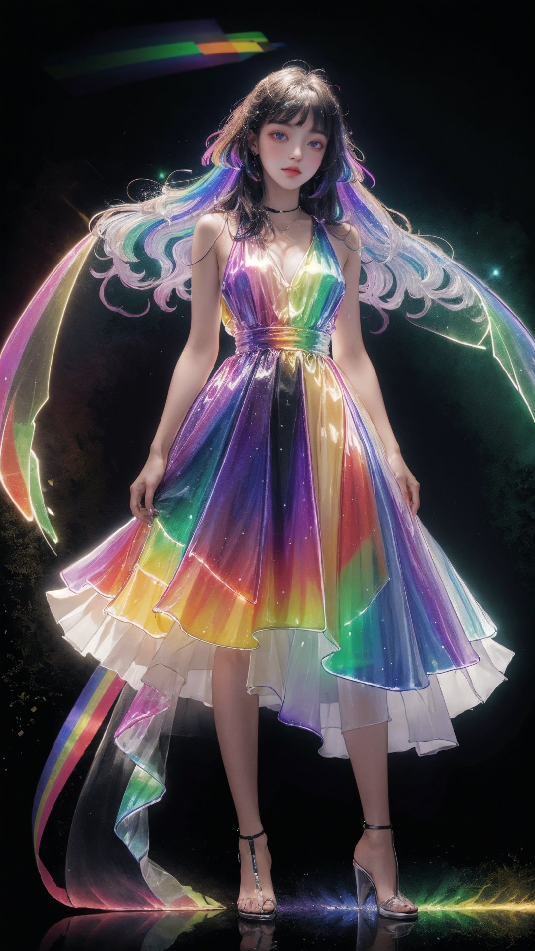 masterpiece, best quality,highres, 1girl, tall, long hair, perfect stature, white dress, fashion pose, bangs, chromatic dispersion,metallic_lustre, see_through, (tansparent_plastic:1.3), coloured glaze, Polychromatic prism effect, rainbowcore, iridescence/opalescence, glowing colors, aluminum foil, Glowing ambiance, (portrait:1.5), black background, full body, <lora:liuli2:0.7>, 