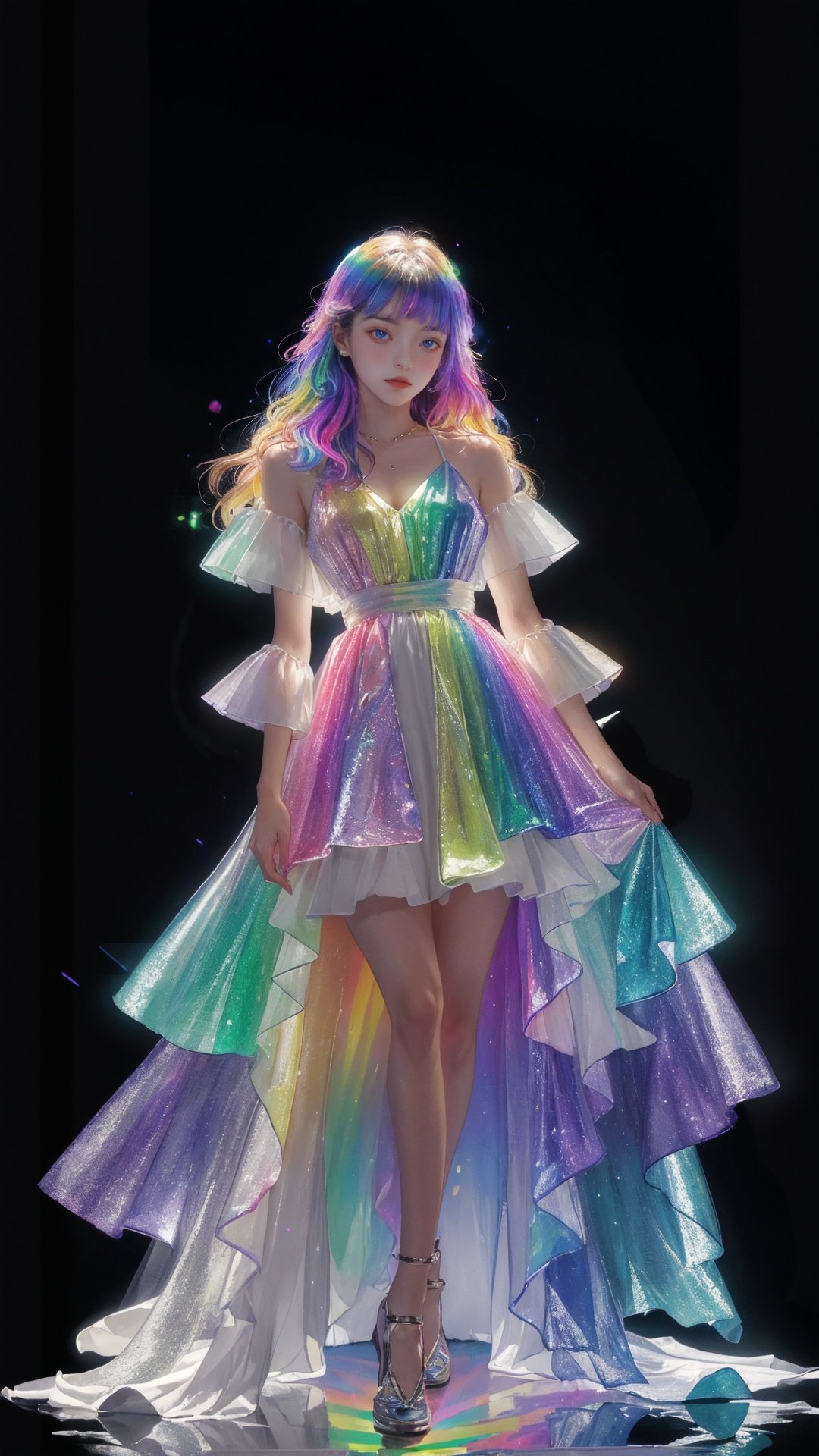 masterpiece, best quality,highres, 1girl, tall, long hair, perfect stature, white dress, fashion pose, bangs, chromatic dispersion,metallic_lustre, see_through, (tansparent_plastic:1.3), coloured glaze, Polychromatic prism effect, rainbowcore, iridescence/opalescence, glowing colors, aluminum foil, Glowing ambiance, (portrait:1.5), black background, full body, <lora:liuli2:0.7>, 