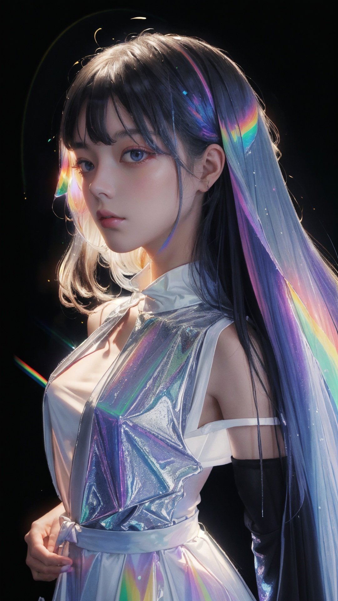 masterpiece, best quality,highres, 1girl, tall, long straight hair, perfect stature, white dress, fashion pose, bangs, look_at_viewer, chromatic dispersion,metallic_lustre, see_through, (tansparent_plastic:1.3), coloured glaze, Polychromatic prism effect, rainbowcore, iridescence/opalescence, glowing colors, aluminum foil, Glowing ambiance, (portrait:1.5), black background, full_body, <lora:liuli2:0.7>