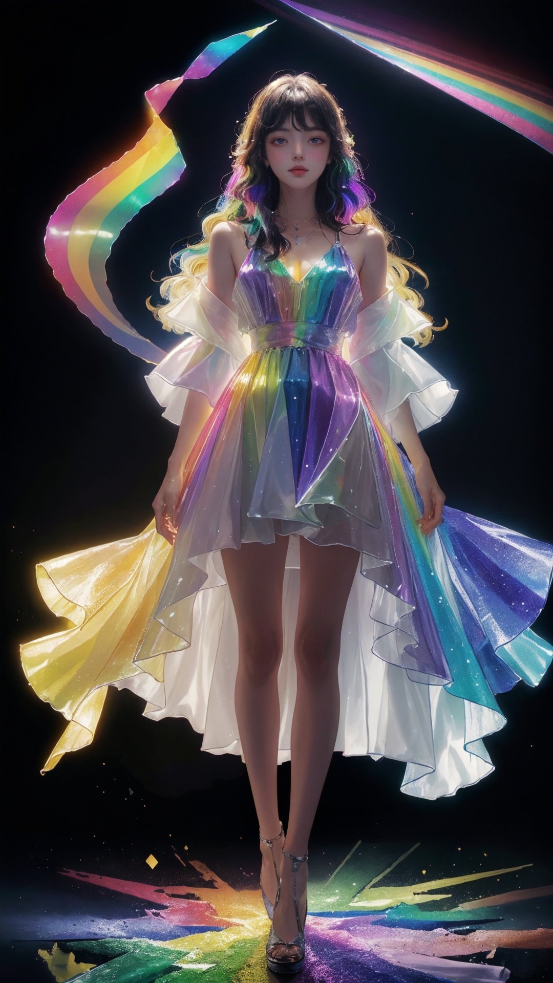 masterpiece, best quality,highres, 1girl, tall, long hair, perfect stature, white dress, fashion pose, bangs, chromatic dispersion,metallic_lustre, see_through, (tansparent_plastic:1.3), coloured glaze, Polychromatic prism effect, rainbowcore, iridescence/opalescence, glowing colors, aluminum foil, Glowing ambiance, (portrait:1.5), black background, full body, <lora:liuli2:0.7>, 