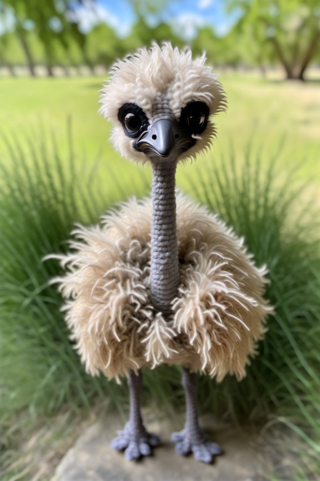 BJ_Sewing_doll, ostrich, solo, closed_mouth, standing, full_body, outdoors, day, blurry, black_eyes, pokemon_\(creature\), no_humans, blurry_background, grass, realistic, animal_focus,photo,8k,highly detailed,digital photography,hdr,realistic,high definition,<lora:SDXL_Sewing_dol_v2:0.7>,