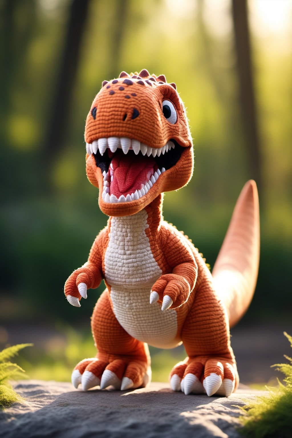 BJ_Sewing_doll,solo,open_mouth,standing,tail,full_body,teeth,blurry,pokemon_\(creature\),no_humans,blurry_background,sharp_teeth,T-rex,photo,8k,highly detailed,digital photography,hdr,realistic,high definition,<lora:SDXL_Sewing_dol_v2:0.7>,