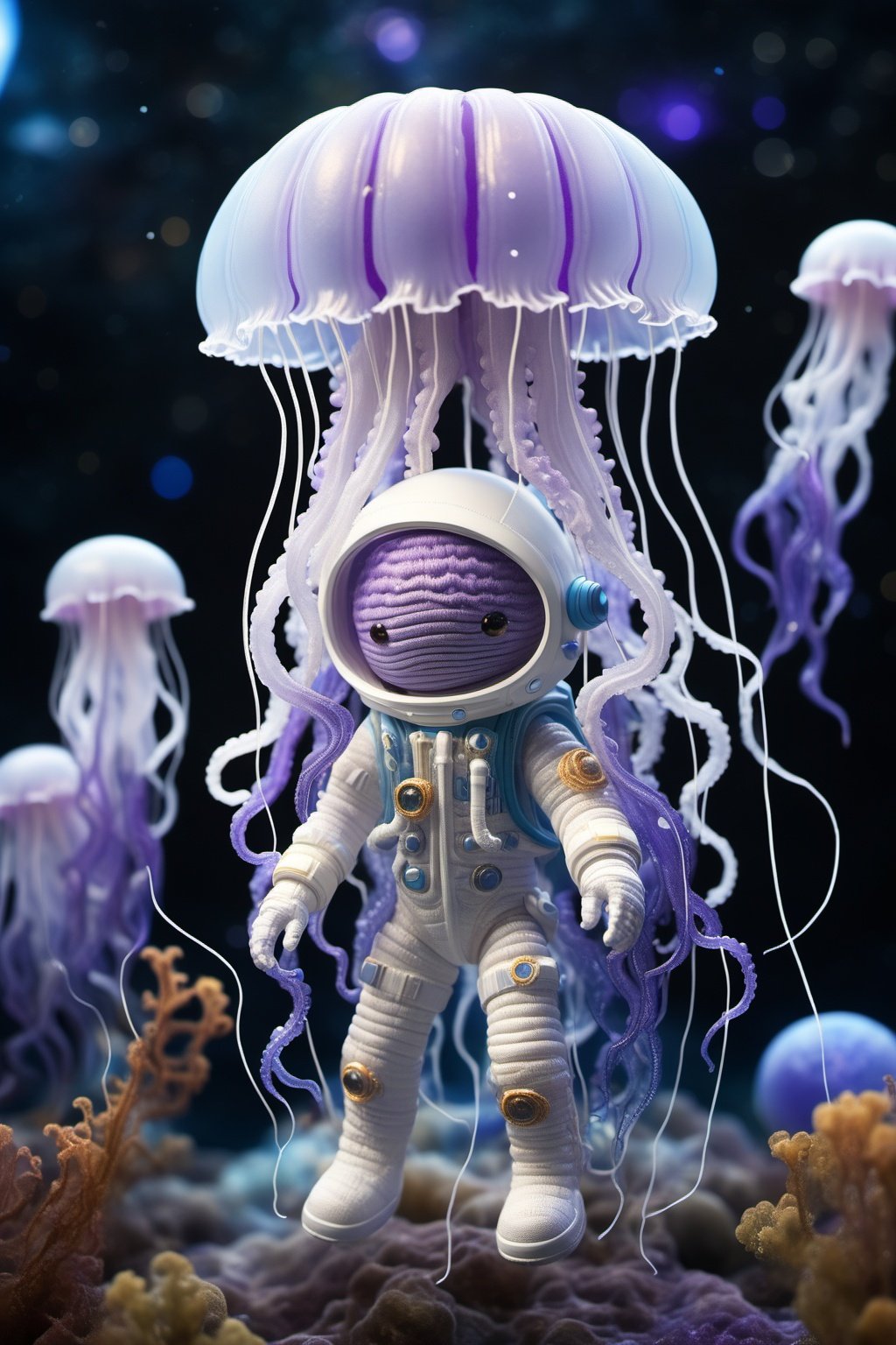 An astronaut is surrounded by blue and purple jellyfish,in space,with the moon and planets in the background,no_humans,tentacles,Full of dreams,3D,high resolution,High quality,amazing work,masterful work,science fiction,star,BJ_Sewing_doll,<lora:SDXL_Sewing_dol_v2:0.7>,<lora:star:0.6>,