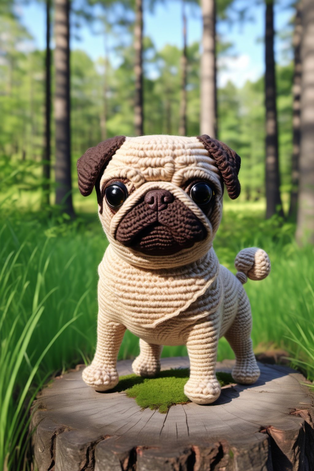 BJ_Sewing_doll, pug, solo, looking_at_viewer, standing, full_body, outdoors, day, blurry, black_eyes, tree, no_humans, blurry_background, grass, stairs, realistic, mushroom, animal_focus, moss,photo,8k,highly detailed,digital photography,hdr,realistic,high definition,<lora:SDXL_Sewing_dol_v2:0.7>,