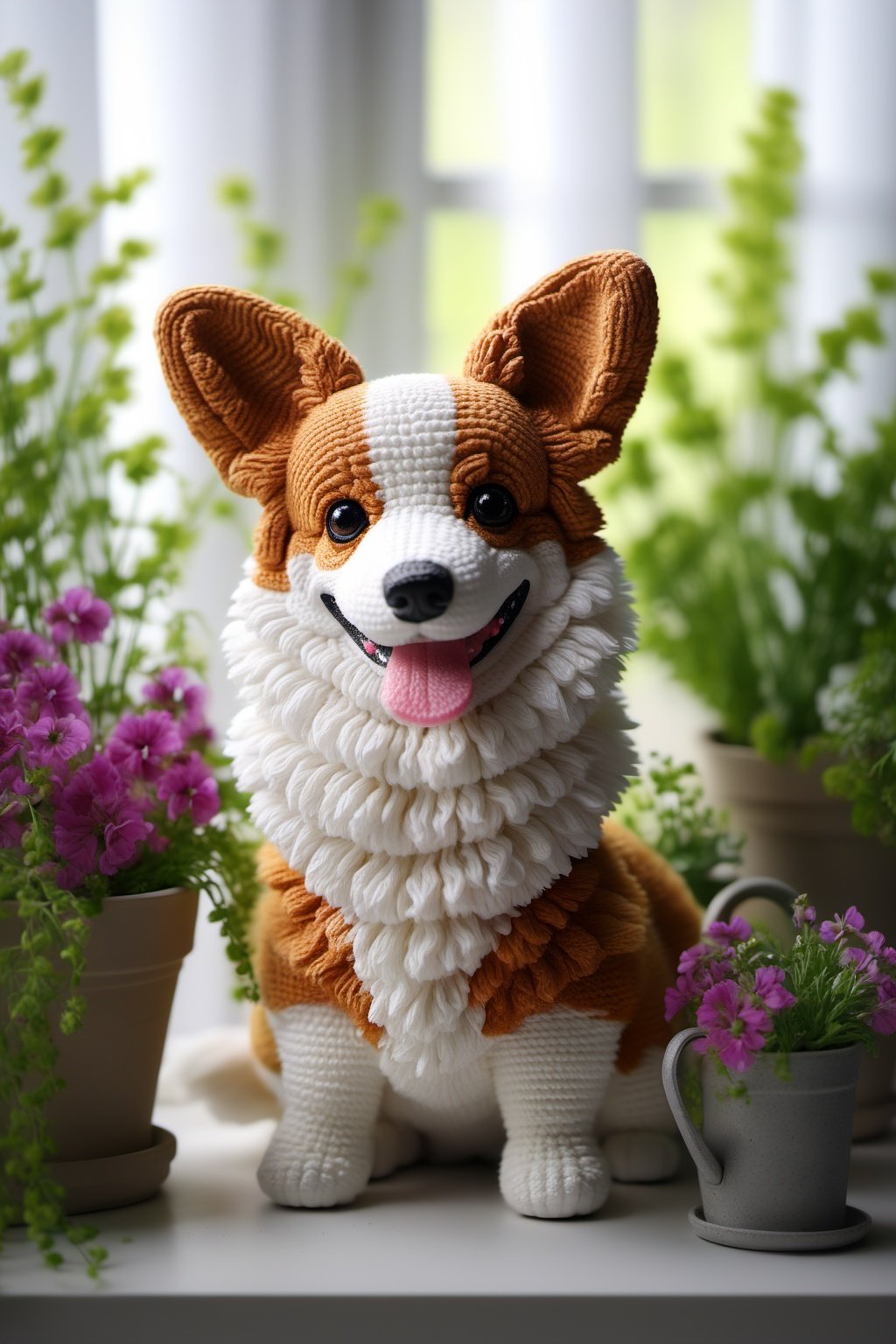 BJ_Sewing_doll, Corgi, solo, looking_at_viewer, sitting, flower, tongue, tongue_out, blurry, no_humans, blurry_background, animal, plant, potted_plant, animal_focus, watering_can,photo,8k,highly detailed,digital photography,hdr,realistic,high definition,<lora:SDXL_Sewing_dol_v2:0.7>,