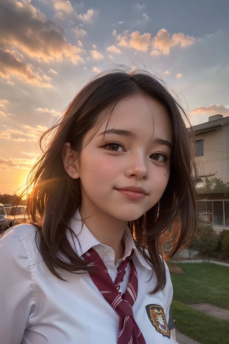 (photorealistic:1.4),beautiful young woman, school uniform,
sunset, happy, uplight