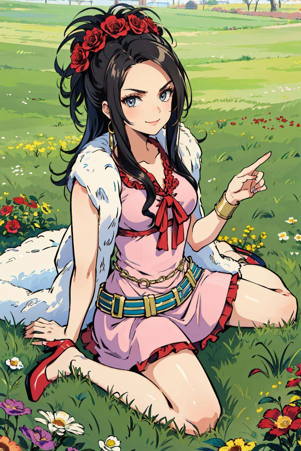 masterpiece, best quality, debora, grey eyes, hair flower, feather boa, pink dress, belt, high heels, looking at viewer, smirk, furrowed brow, wariza, grass, looking up, from above, flowers, field of flowers <lora:debora-nvwls-v1-000011:0.9> 