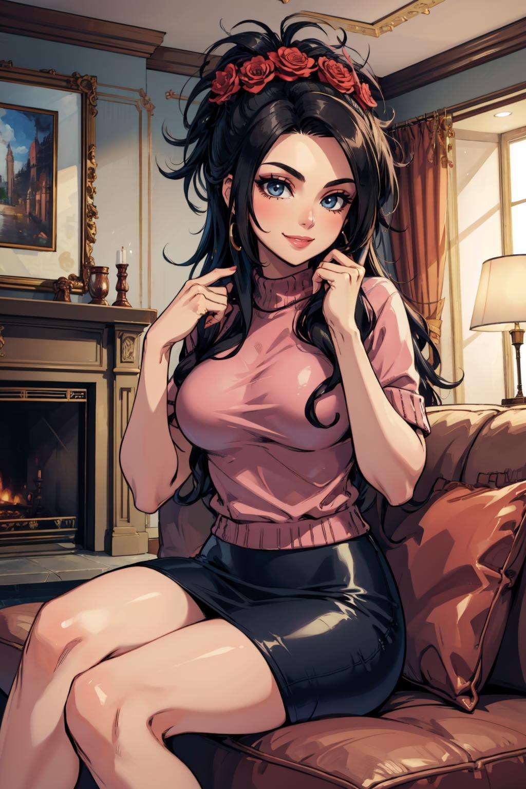 masterpiece, best quality, debora, hair flower, pink sweater, pencil skirt, living room, smile, sitting, couch, hands on own legs <lora:debora-nvwls-v1-000011:0.9> 