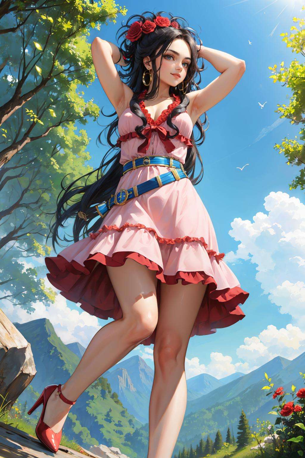 masterpiece, best quality, debora, hair flower, pink dress, belt, high heels, arms behind head, (from below:1.4), forest, mountains, looking at viewer, smile, furrowed brow <lora:debora-nvwls-v1-000011:0.9> 