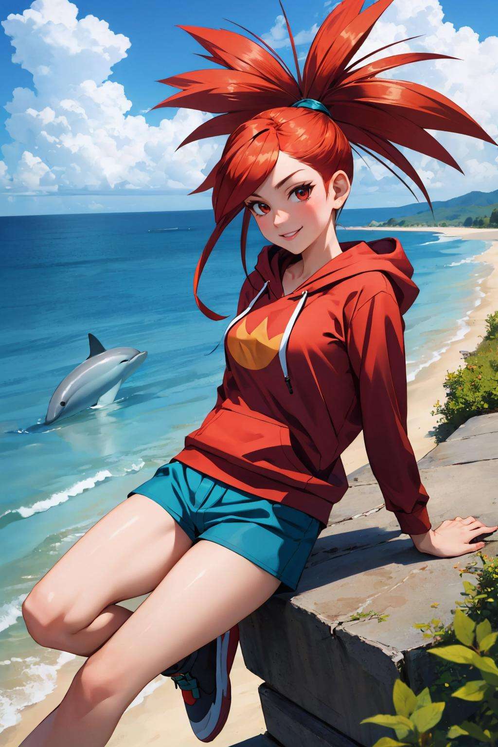 masterpiece, best quality, orasFlannery, red hoodie, looking at viewer, dolphin shorts, from smile, smile, ocean, city <lora:flannery-nvwls-v1-000010:1>