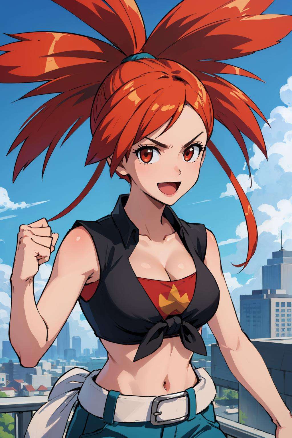 masterpiece, best quality, orasFlannery, front-tie top, cleavage, midriff, sleeveless, white belt, blue pants, closed mouth, upper body, looking at viewer, city, smile, blue sky, clouds, furrowed brow, :D, fist <lora:flannery-nvwls-v1-000010:0.9>