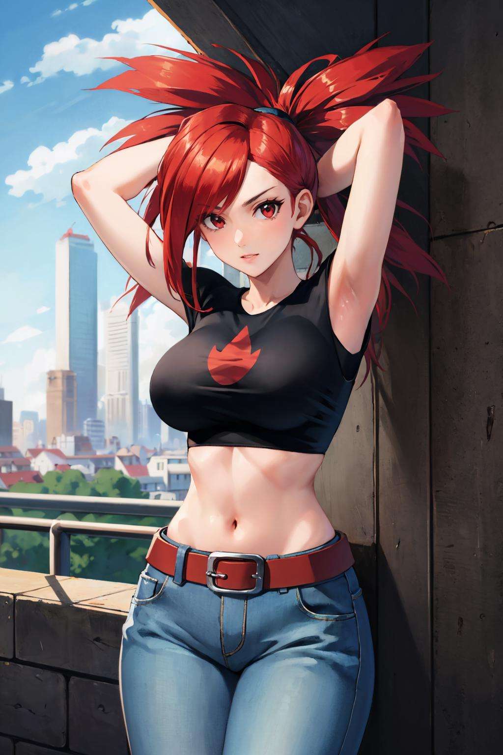 masterpiece, best quality, rseFlannery, black shirt, midriff, red belt, jeans, cowboy shot, arms behind head, large breasts, city, sky, looking at viewer <lora:flannery-nvwls-v1-000010:1>