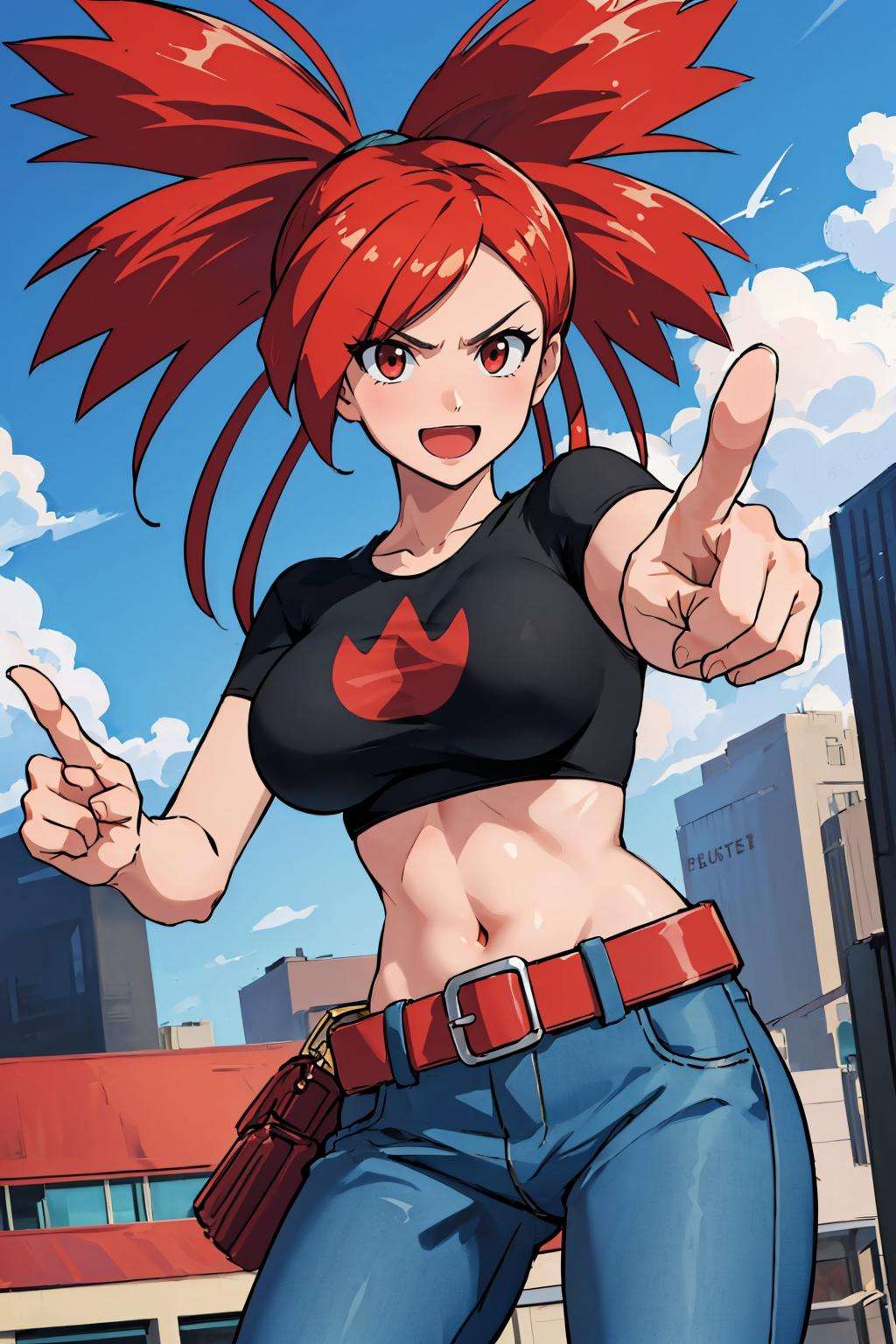 masterpiece, best quality, rseFlannery, black shirt, midriff, red belt, jeans, large breasts, city, sky, standing, furrowed brow, :D, pointing at viewer <lora:flannery-nvwls-v1-000010:1>