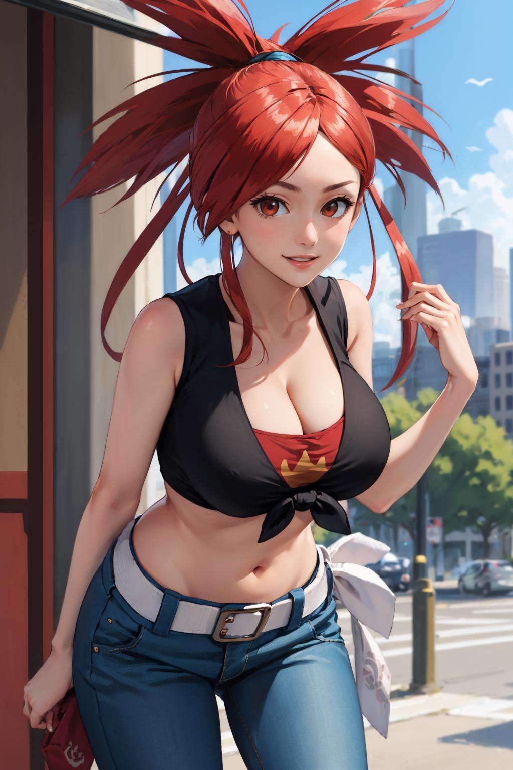 masterpiece, best quality, orasFlannery, front-tie top, cleavage, midriff, sleeveless, white belt, blue pants, closed mouth, cowboy shot, contrapposto, looking at viewer, smile, city street, leaning forward, large breasts <lora:flannery-nvwls-v1-000010:1>