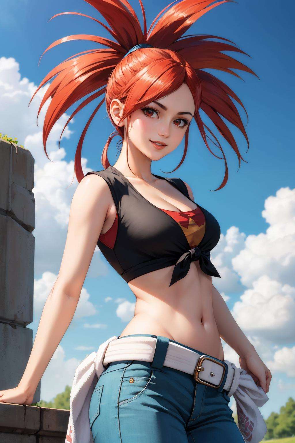 masterpiece, best quality, orasFlannery, front-tie top, cleavage, midriff, sleeveless, white belt, blue pants, closed mouth, contrapposto, standing, from side, looking at viewer, smile, sky, clouds <lora:flannery-nvwls-v1-000010:1>