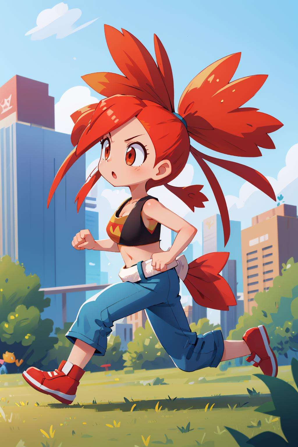 masterpiece, best quality, orasFlannery, sleeveless front-tie top, cleavage, midriff, white belt, blue pants, chibi, running, from side, city <lora:flannery-nvwls-v1-000010:1>