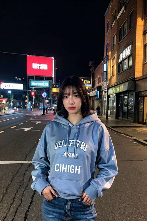 Fujifilm XT3, 8k,close up photo, masterpiece, best quality, (((1girl))), solo,realistic, ((looking at viewer)), photorealistic, (extremely detailed face), looking at viewer, ((ultra-detailed eyes and pupils)), ultra detailed, ((standing city street at night)), hoodie, long sleeves, tall, broad shoulder, <lora:riinalorashy:0.8>