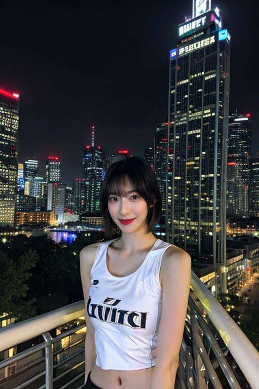 Fujifilm XT3, 8k,close up photo, masterpiece, best quality, (((1girl))), solo,realistic, ((looking at viewer)), photorealistic, (extremely detailed face), looking at viewer, ((ultra-detailed eyes and pupils)), ultra detailed, serious expression, cropped top,shirts, ((standing against a city skyline at night)), (rooftop), crop top, ((navel)), smile, short hair, bangs, <lora:riinalorashy:1>