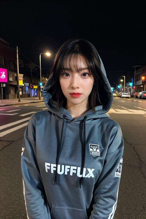 Fujifilm XT3, 8k,close up photo, masterpiece, best quality, (((1girl))), solo,realistic, ((looking at viewer)), photorealistic, (extremely detailed face), looking at viewer, ((ultra-detailed eyes and pupils)), ultra detailed, serious expression, ((standing city street at night)), hoodie, long sleeves, <lora:riinalorashy:0.75>