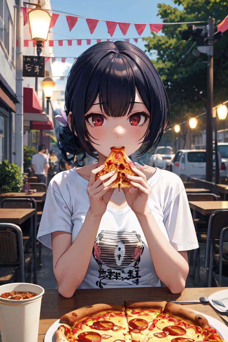 masterpiece, best quality, absurdres, perfect anatomy, 1girl, solo, RinzeMorino, hair bun, t-shirt, eating, table, upper body, pizza, happy, lamp, outdoors, street, lamppost, <lora:RinzeMorino:1.0>