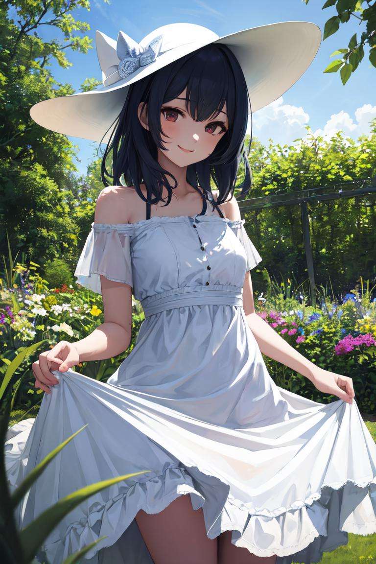 masterpiece, best quality, absurdres, perfect anatomy, 1girl, solo, RinzeMorino, sunhat, medium hair, white sundress, dress lift, outdoors, garden, smile, <lora:RinzeMorino:1>