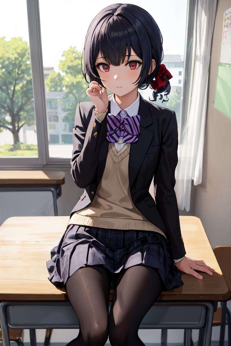 masterpiece, best quality, absurdres, perfect anatomy, 1girl, solo, RinzeSchool, black pantyhose, sitting, classroom, window, <lora:RinzeMorino:1>