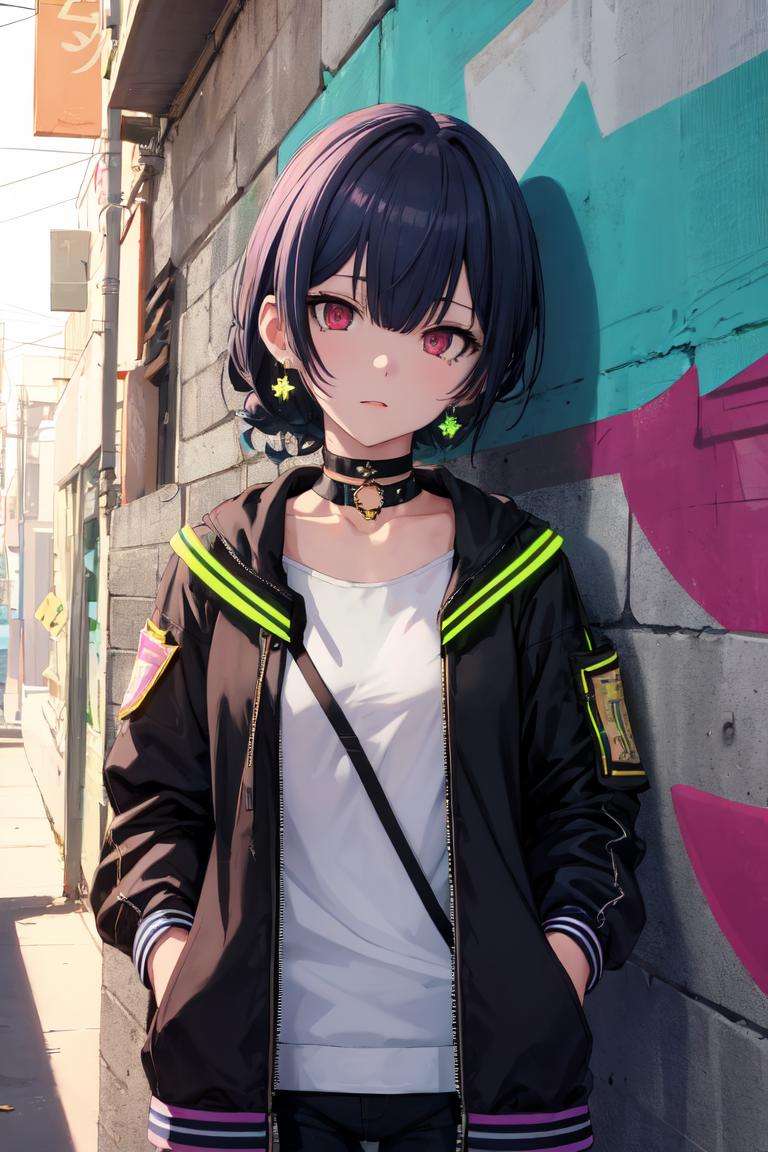 masterpiece, best quality, absurdres, perfect anatomy, 1girl, solo, RinzeMorino, hair bun, earrings, sharp eyes, choker, neon shirt, open jacket, turtleneck sweater, night, against wall, brick wall, graffiti, dim lighting, alley, looking at viewer, <lora:RinzeMorino:1.0>