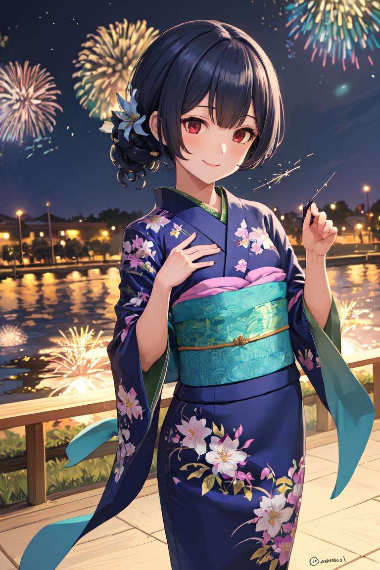 masterpiece, best quality, absurdres, perfect anatomy, 1girl, solo, RinzeYukata, blue kimono, print kimono, green sash, outdoors, sakura blossoms, night, fireworks, smile, <lora:RinzeMorino:1>