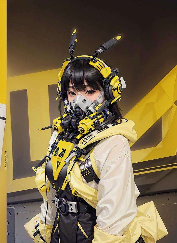 masterpiece, realistic, 1 woman, in a yellow full coverage VR - techpunkmask with smallish antenna, (wearing black oversized jacket with rosette), blond hair, smiling eyes, standing on the street, sunny and rich in color, HDR, iso 1000<lora:techpunkmask_v0.5:0.7>